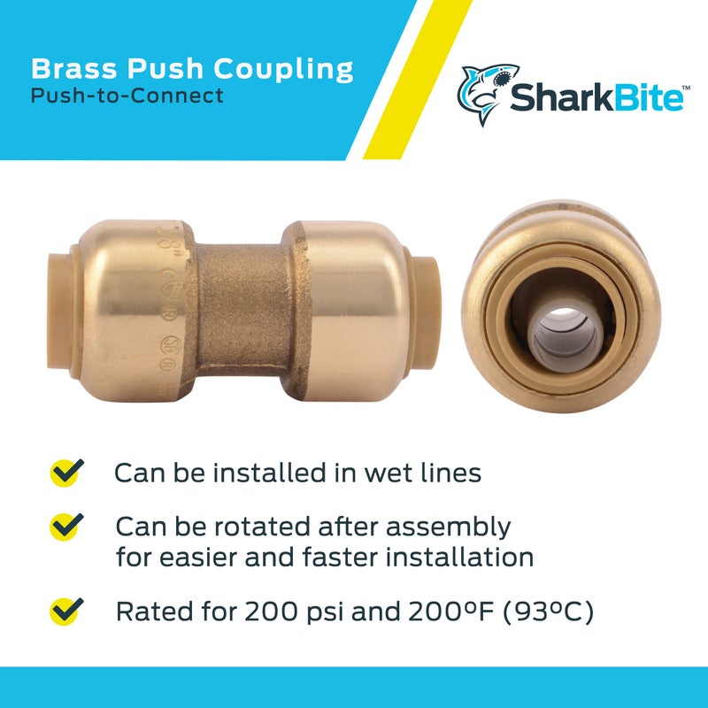 SharkBite 3/8 inch Coupling, Pack of 6, Push to Connect Brass Plumbing Fitting, PEX Pipe, Copper, CPVC, PE-RT, HDPE, U006LF - Image 4